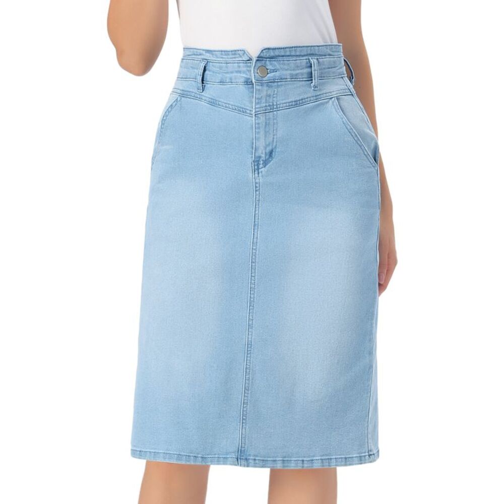 Women Stretchy Below Knee Length Jean Skirt Denim Skirt Light Blue